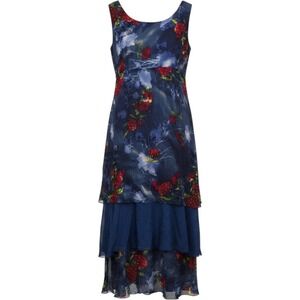 Vintage Blue Floral Rhinestone Tailored Sleeveless Layered Flowy Maxi Dress XL
